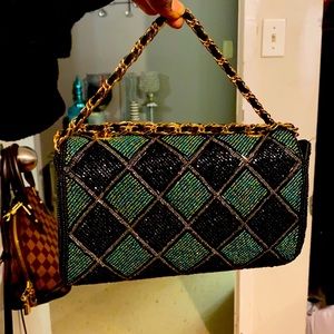 Vintage gold, green & black beaded evening purse.